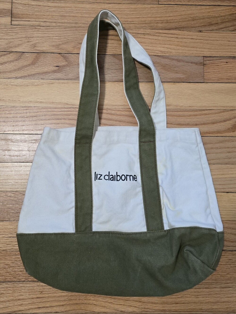 Liz Claiborne Cream and Olive Canvas Tote Bag